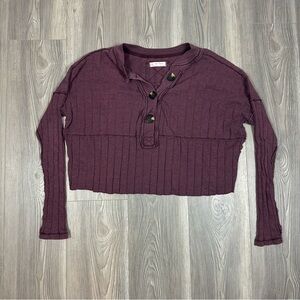 Free People We The Free Purple Ribbed Cropped Henley Long Sleeve Top‎ Size M